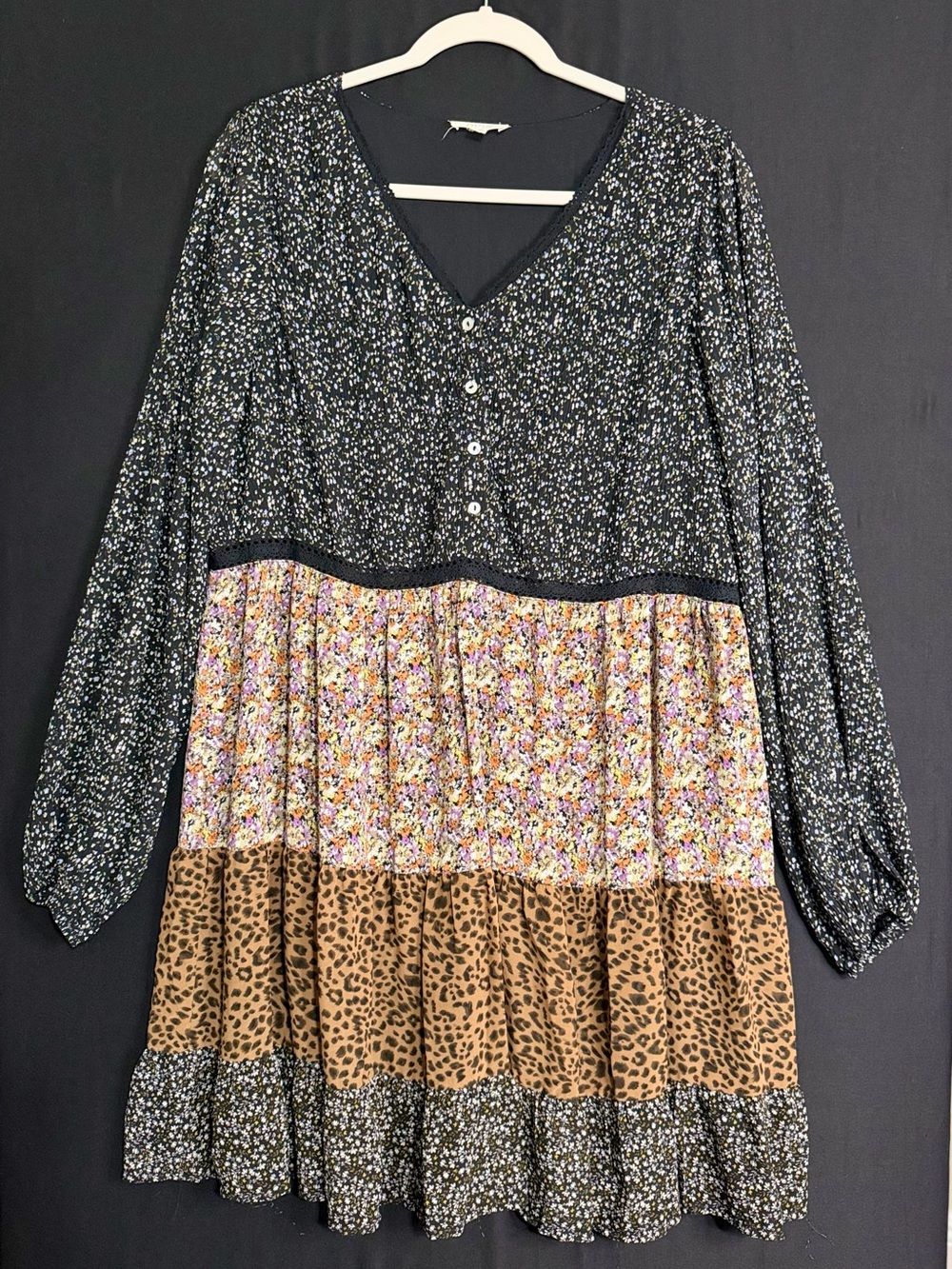 ODDY Dress L Lined Floral & Animal print Crochet patchwork Hippie festival vneck